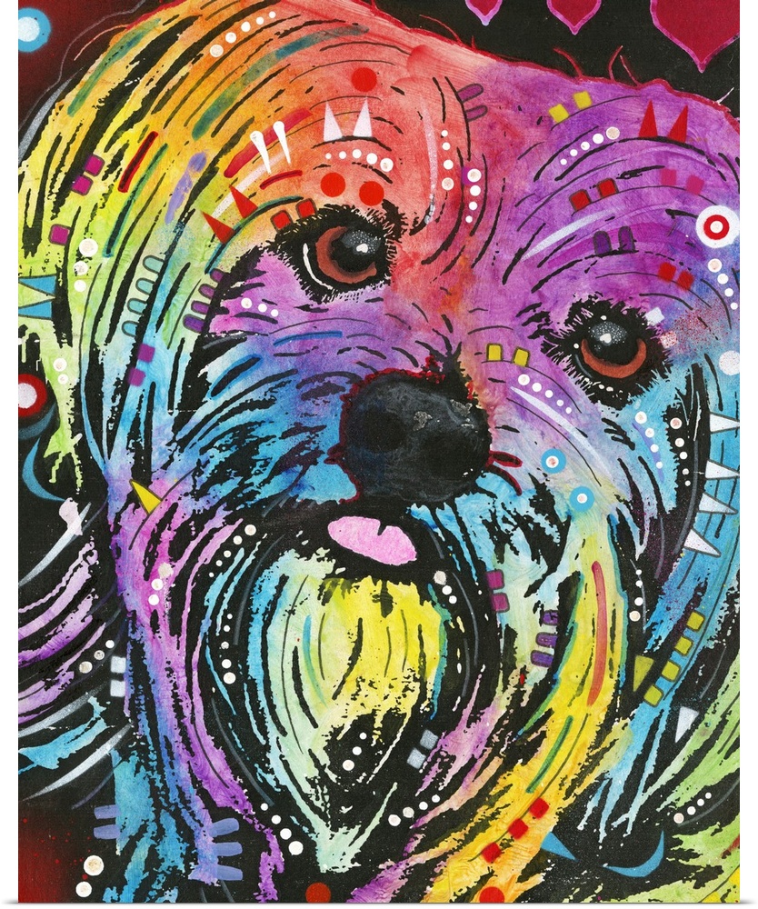 Colorful painting of a Maltese with geometric graffiti-like designs all over.