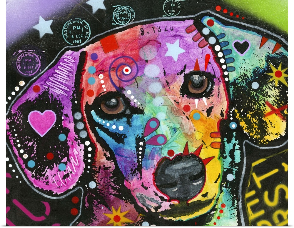 Contemporary painting of a colorful Hound dog with geometric abstract designs all over.