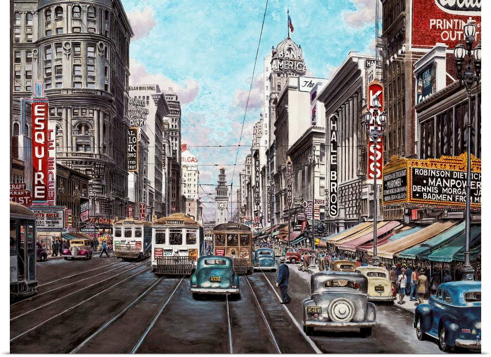 Contemporary painting of a bustling street in San Francisco.