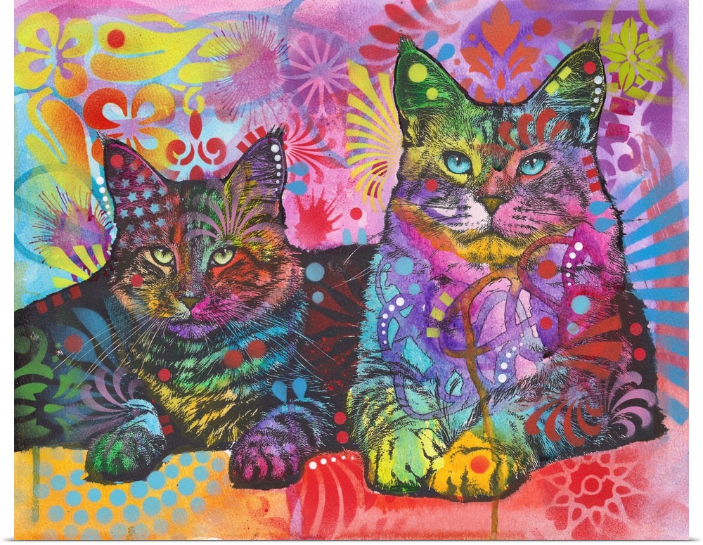 Illustration of two cats with graffiti designs all over.