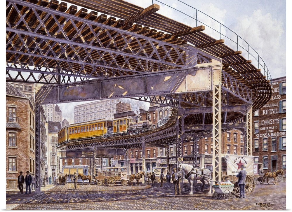 Contemporary painting of train tracks elevated on steel girders.