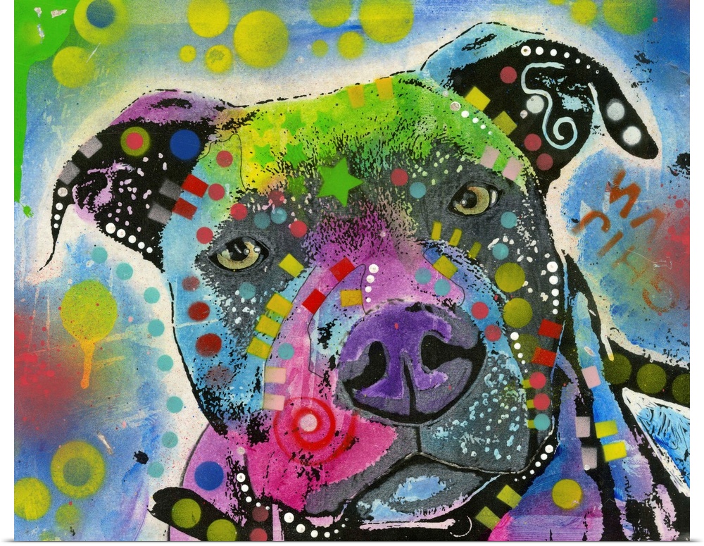Graffiti style painting of a Pit Bull with different colors and abstract designs all over.