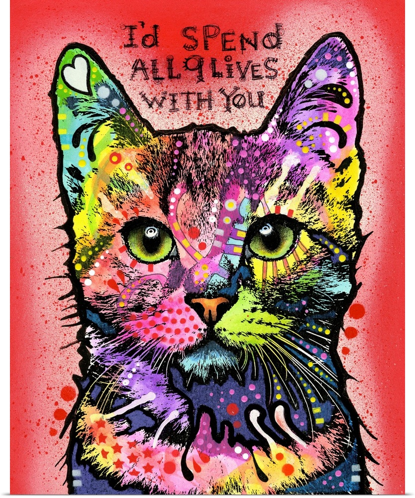 "I'd Spend All 9 Lives With You" handwritten above a colorful painting of a cat with graffiti-like markings on a red spray...