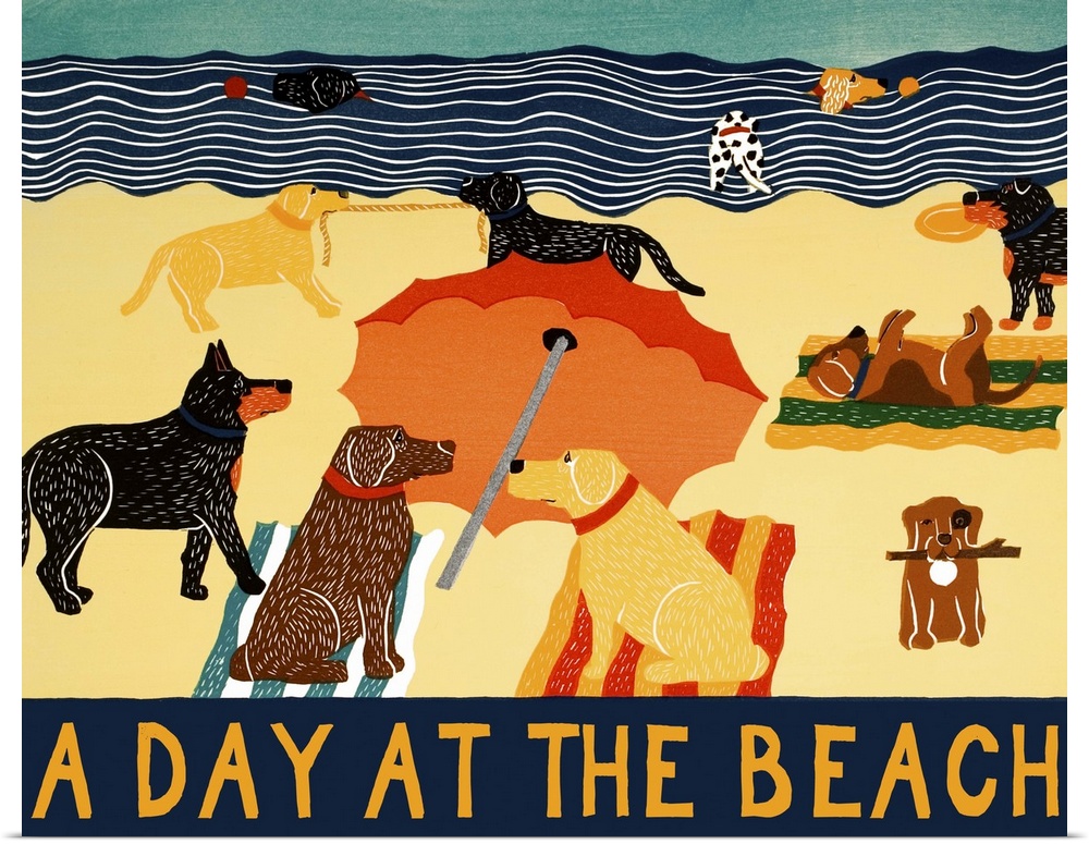 Illustration of different breeds of dogs on the beach with the phrase "A Day At The Beach" written on the bottom in yellow.