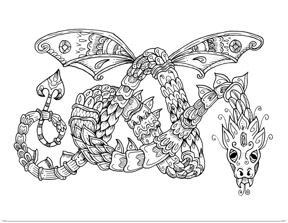 Line art of a long, winged dragon with patterned scales.