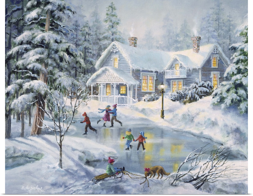 Contemporary artwork of children skating on a frozen pond in front of a house after a snowfall.