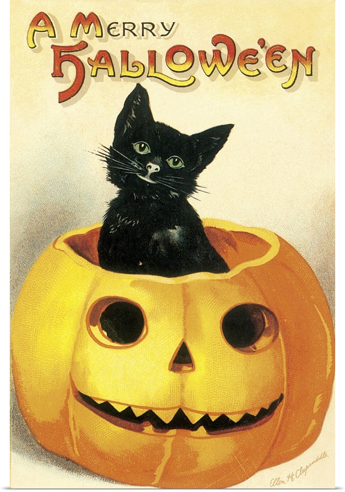 A vintage illustration of a black kitten poking its head out from a smiling jack-o-lantern.