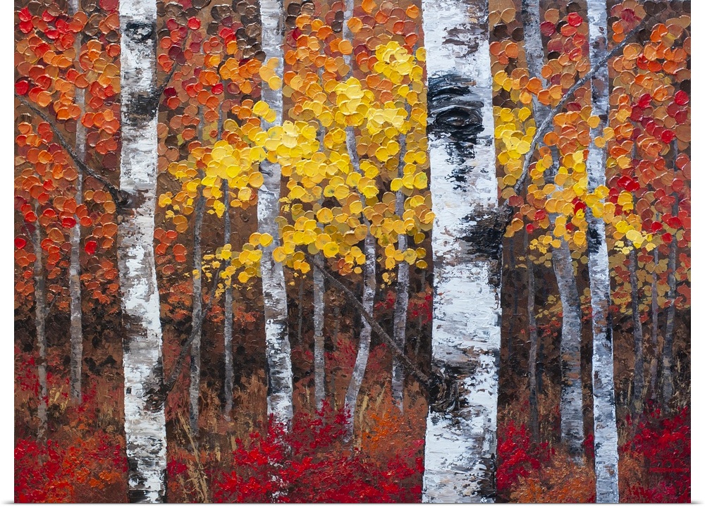 Autumn forest landscape painting of aspen trees and birch trees giclee art print on canvas by contemporary abstract landsc...