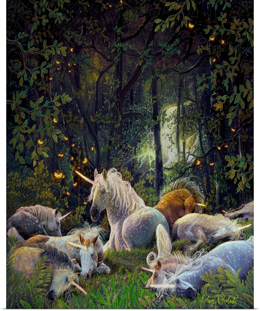 Unicorns sleeping in magical forest