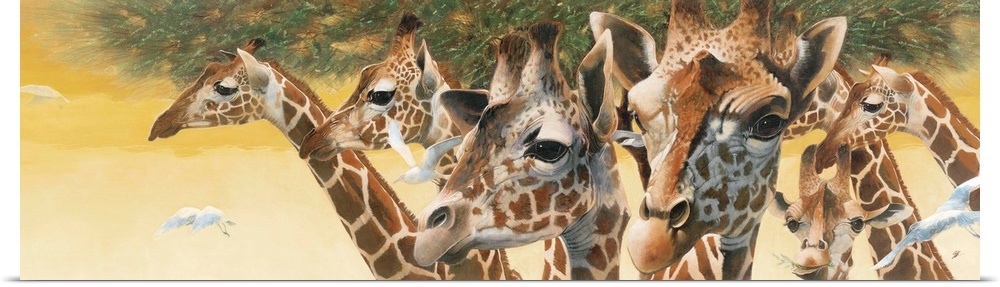 Contemporary painting of a group of giraffes.