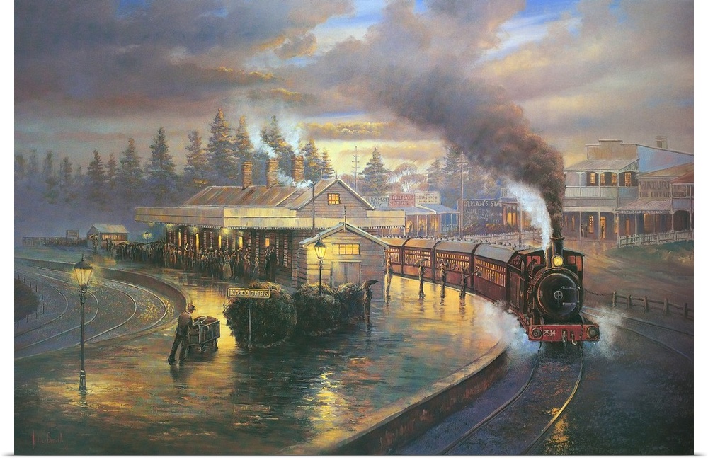 Contemporary painting of a train pulling into the station at night.
