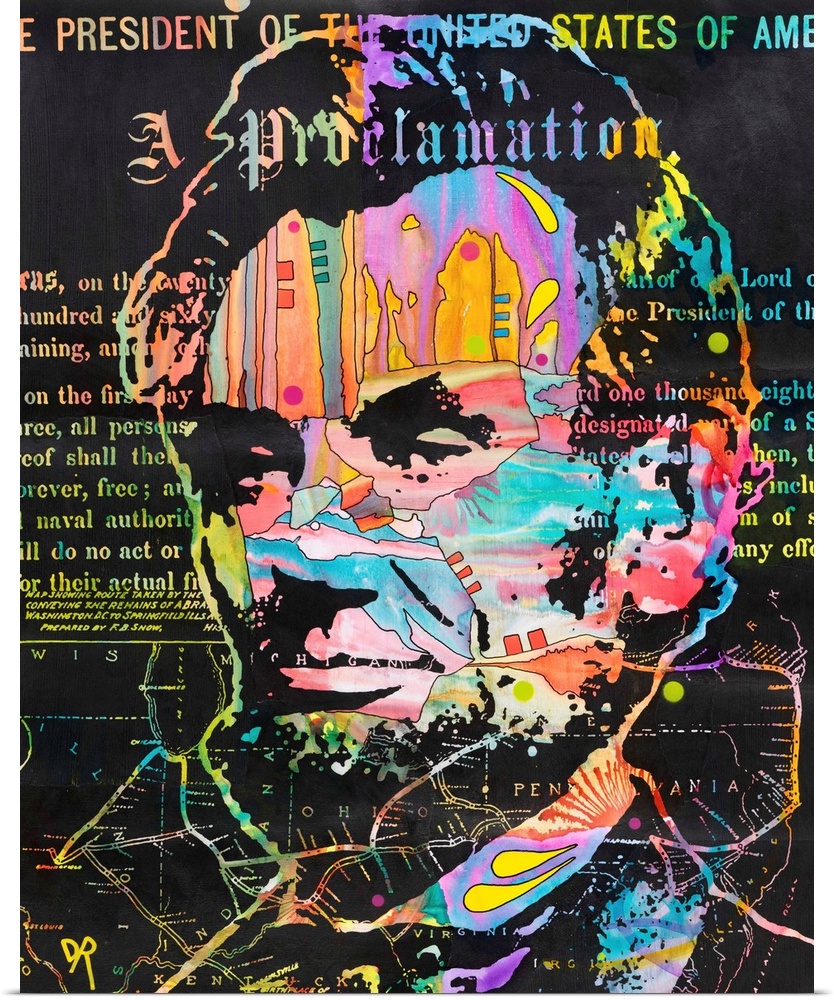 Colorful abstract illustration of Abraham Lincoln with his Proclamation written in the background and part of a street map...