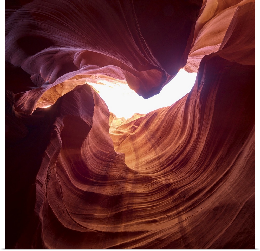 An artistic photograph looking up at the opening of Antelope canyon with sunlight shining in.