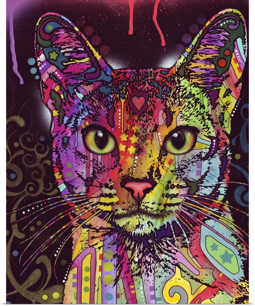 Large abstract painting of a cat made up of different colors and patterns.
