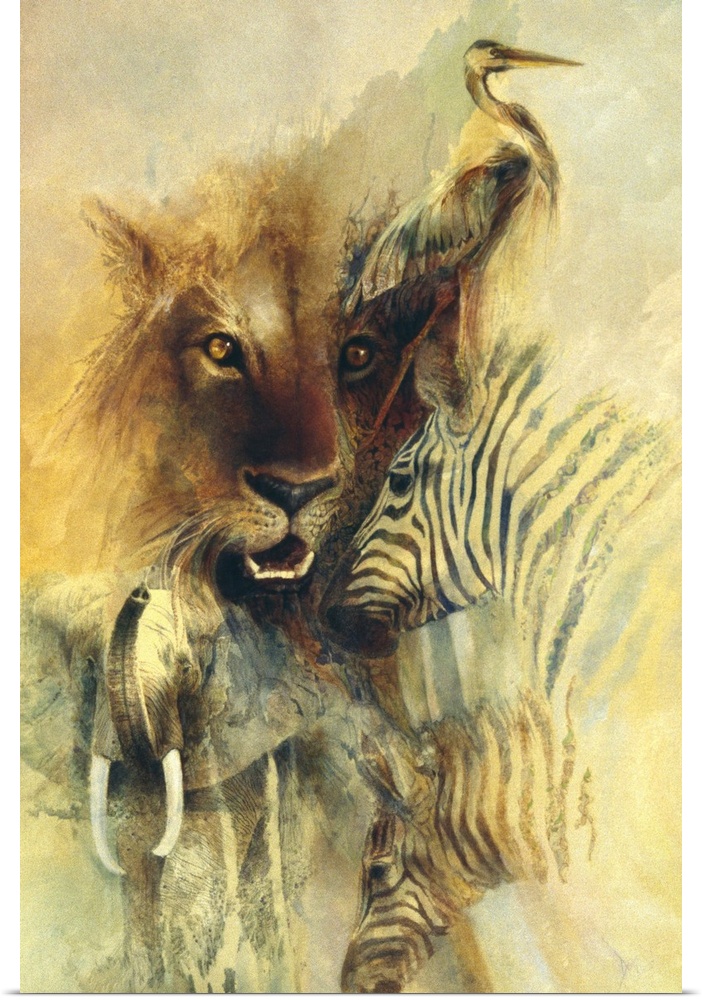 A contemporary painting of a montage of Safari animals.