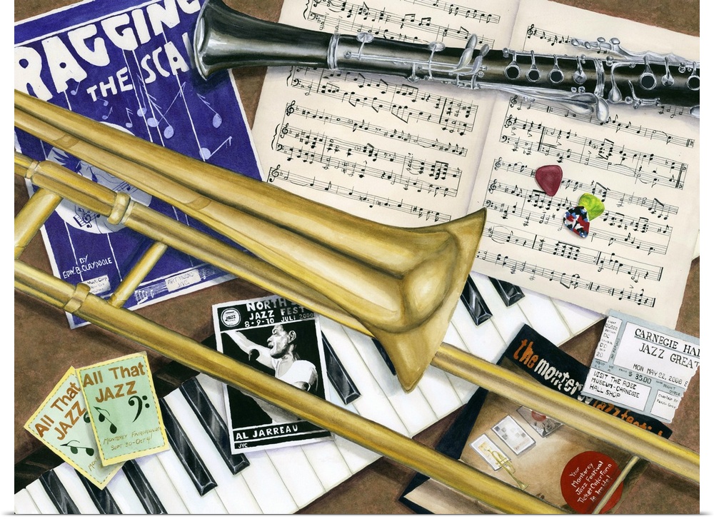 Contemporary colorful still-life painting of instruments and jazz sheet music.