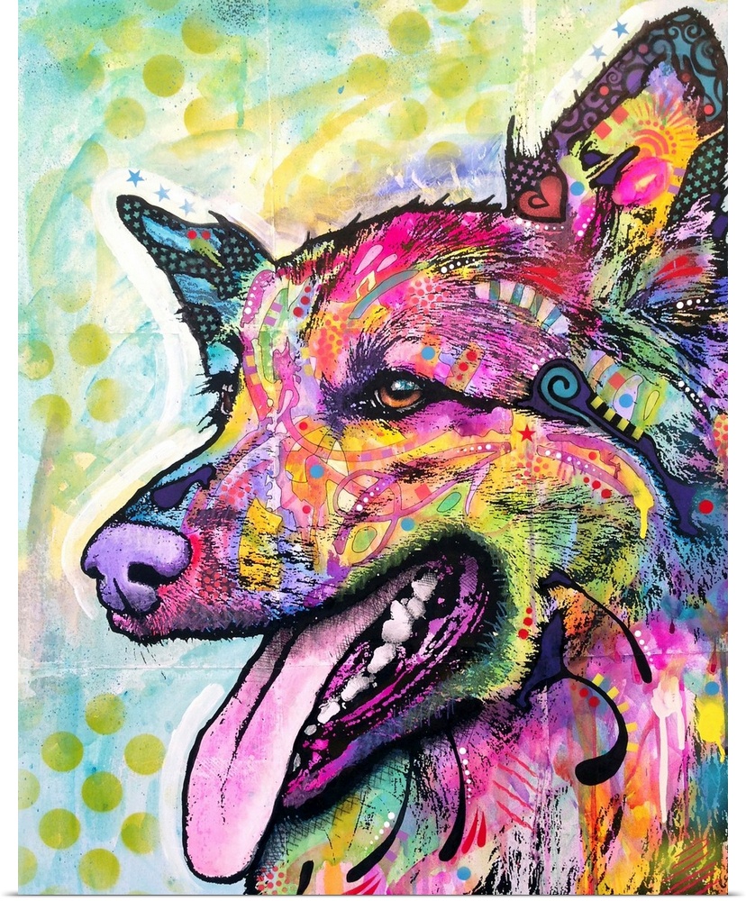 Contemporary painting of a colorful Belgian Sheepdog with graffiti like designs all over.