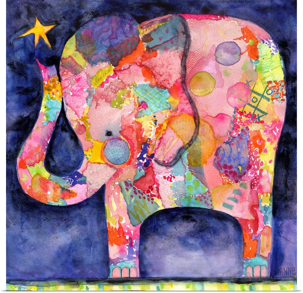 Painting of a colorful elephant with a star above it's trunk.