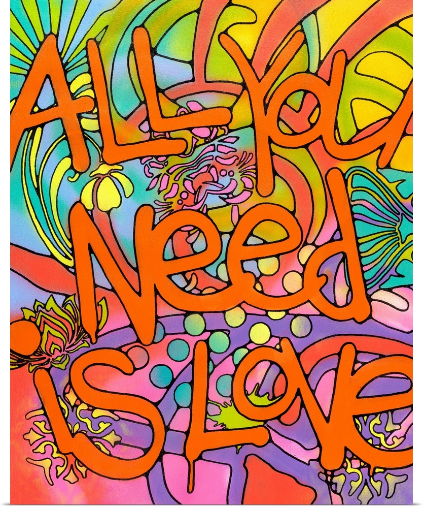 "All You Need is Love" Written in orange bubble letters with paint drips on top of a colorful background with abstract sha...