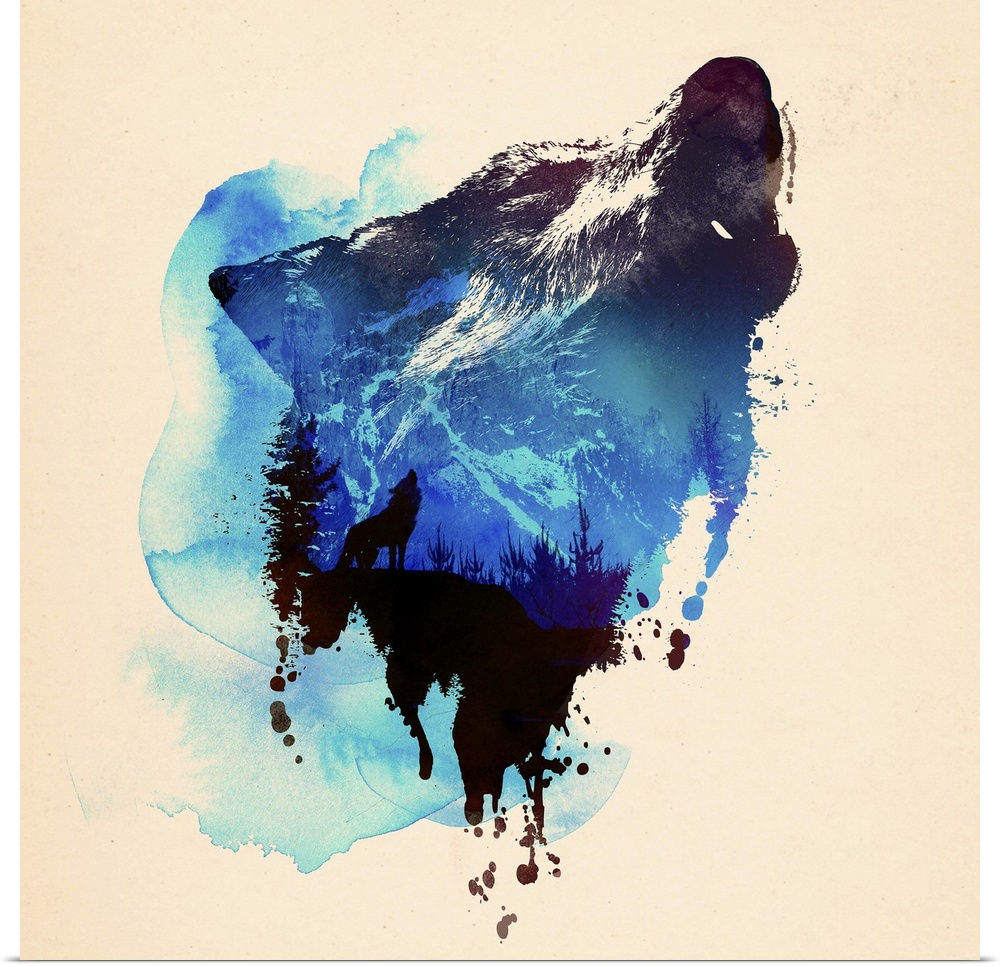 Contemporary artwork of a howling wolf with the silhouette of wolf withing the image.
