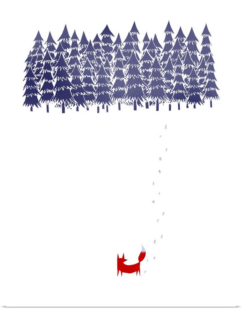 Contemporary artwork of a red fox in a white environment looking at a thicket of trees.
