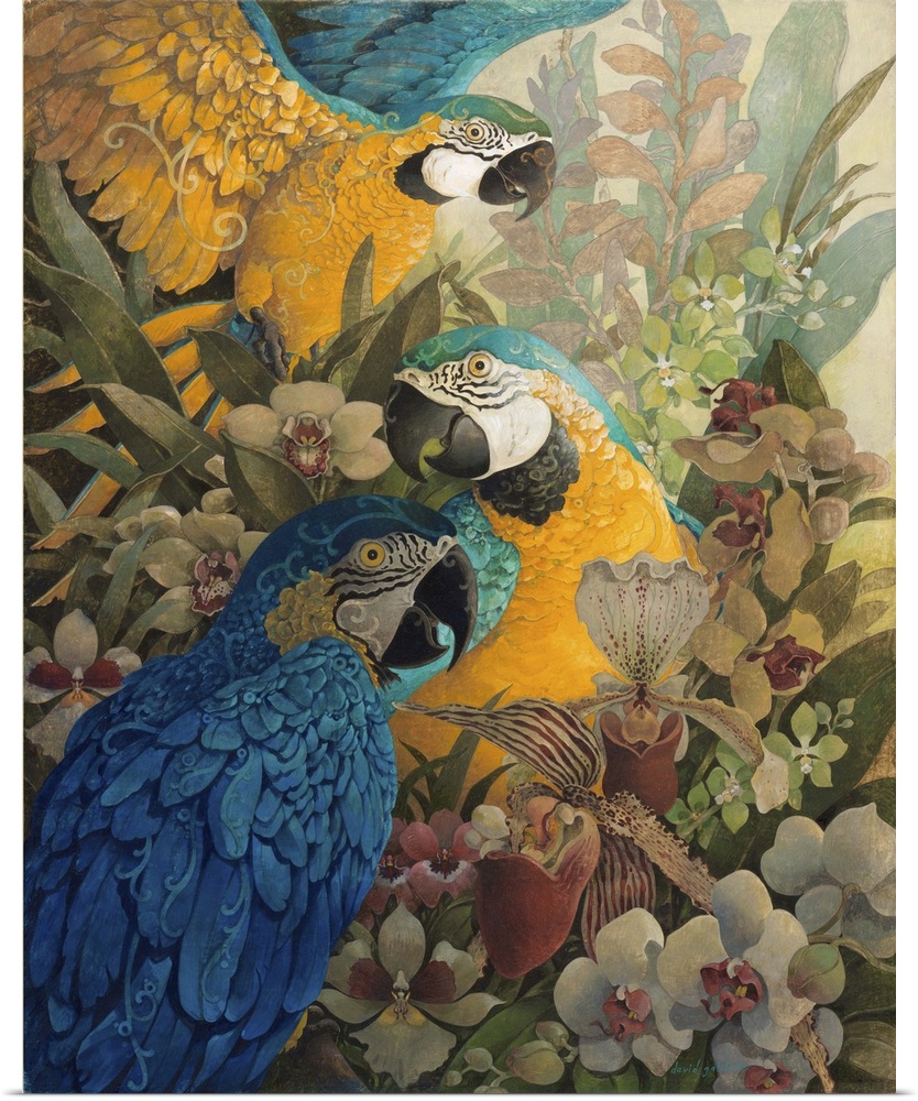 Three blue and gold macaws among rainforest flowers in the Amazon.