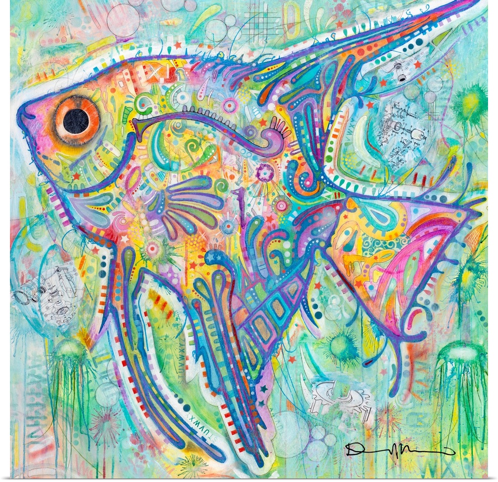 Square painting of an angelfish in pastel colors with abstract designs all over.