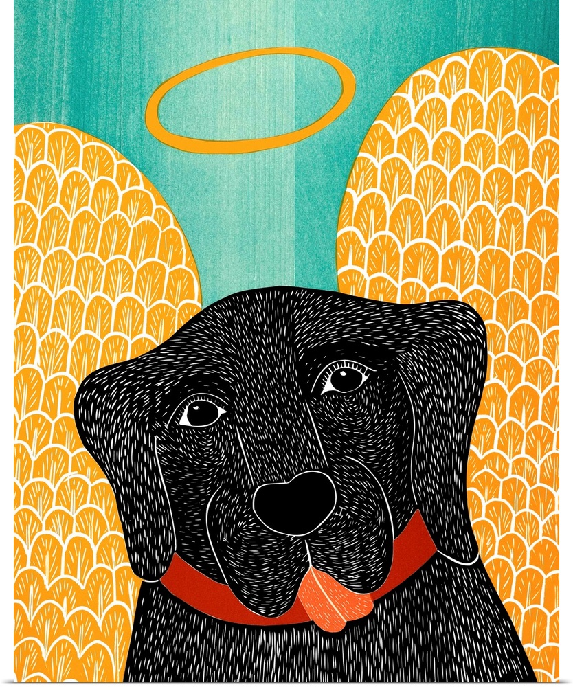 Illustration of a black lab with angel wings and a halo.