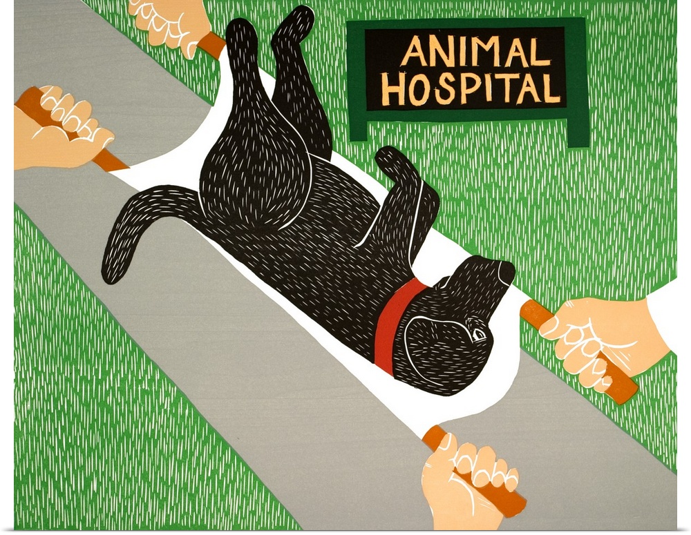 Illustration of a black lab being carried on a stretcher to the animal hospital.