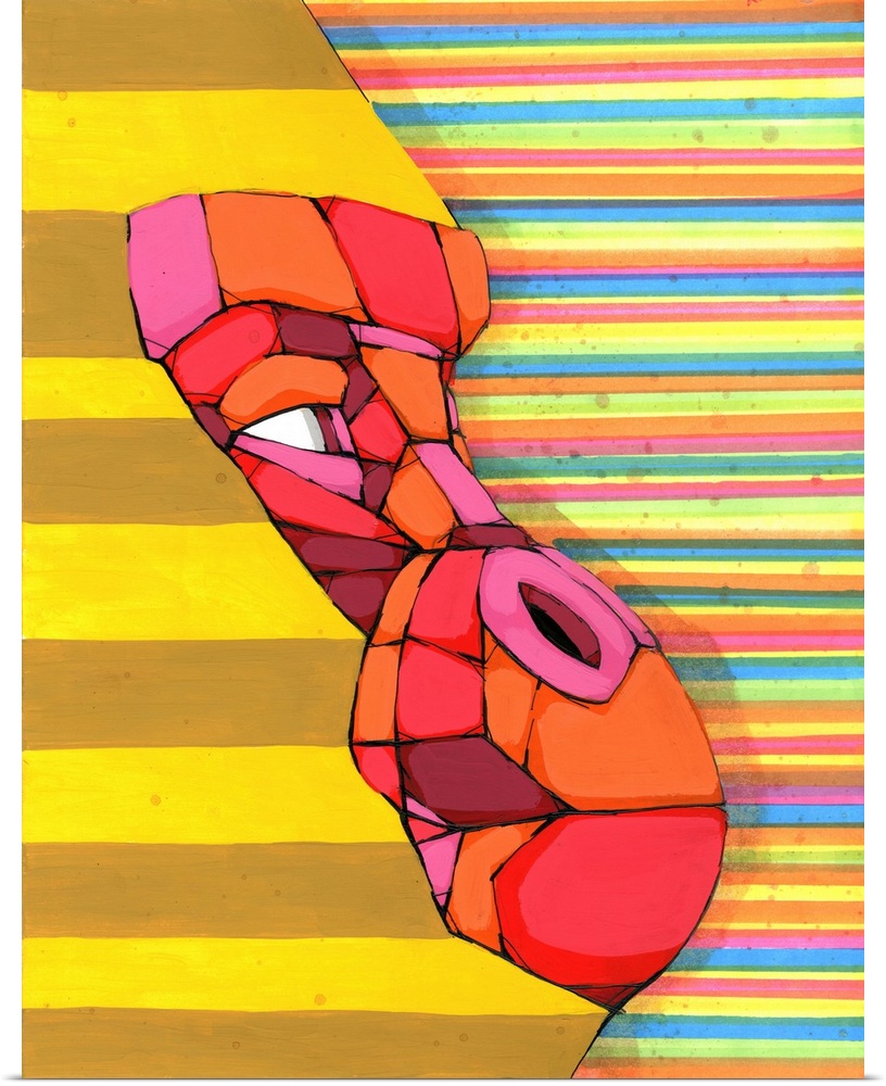 Geometric painting of a brightly colored gorilla with a striped background.