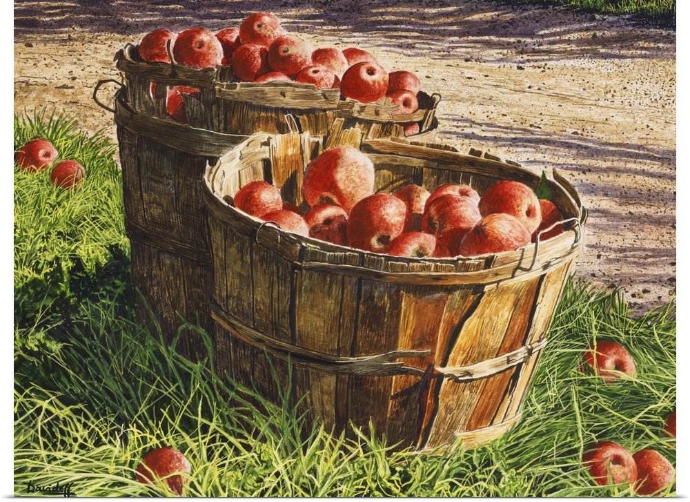 Contemporary painting of a bushels of apples.