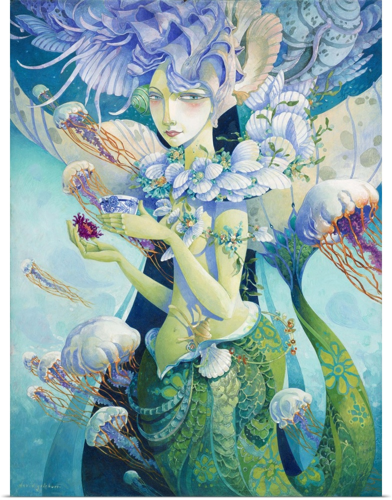 Contemporary artwork of a mermaid surrounded by jellyfish under the water.