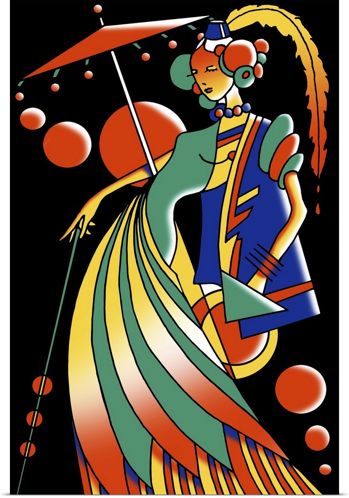Digital artwork of a woman in fancy dress, in Art Deco style.
