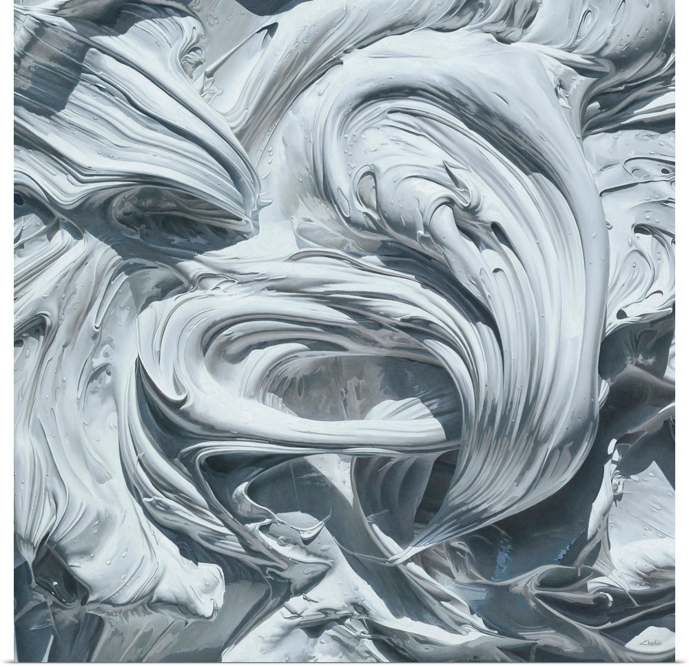 Contemporary vivid realistic still-life painting of swirl and smeared white paint, resembling dried plaster.