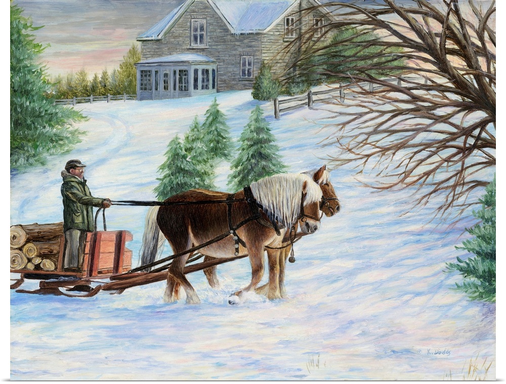 Contemporary artwork of a man on a sled being pulled by two horses.