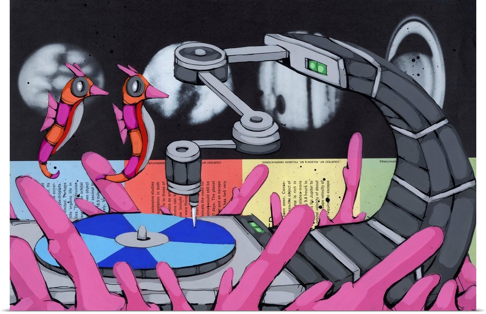 Pop art painting of two seahorses floating towards a needle on a record player.