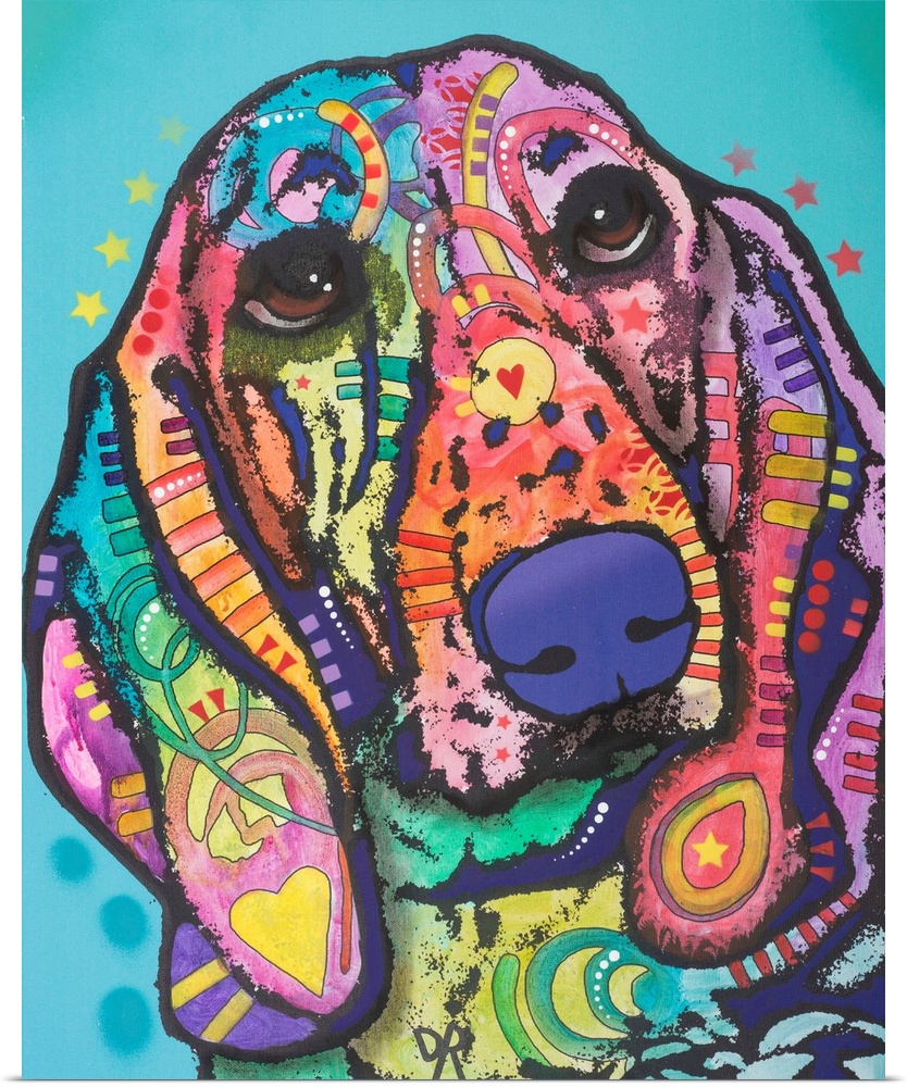 Colorful artwork of a hound dog with graffiti-like designs on a light blue background.