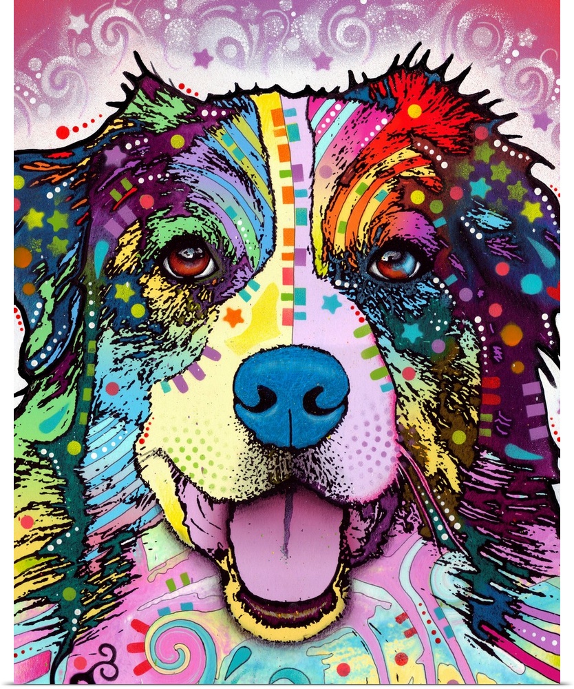 This colorful print contains vibrant patterns that are used over the face of an Australian shepherd dog.