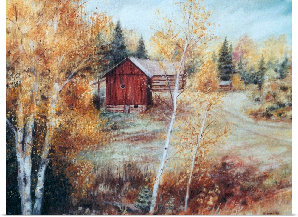 Contemporary artwork of a barn in the fall in Ontario, Canada.