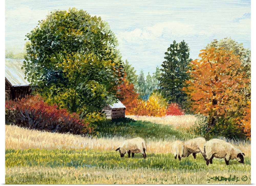 Contemporary artwork of sheep in a field in the fall near a barn.