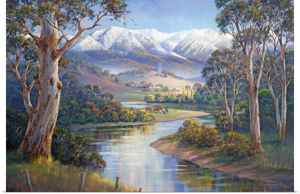 Contemporary painting of an idyllic river valley scene.
