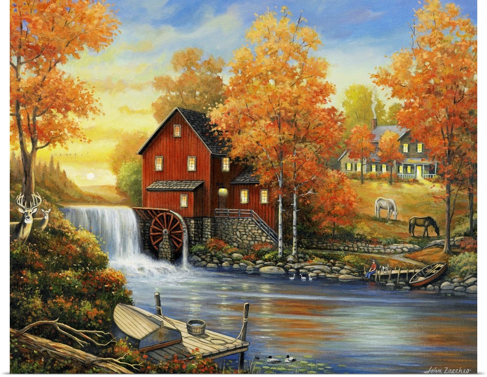 A house with a large red barn and water wheel with a  brook and a dock with a row boat and two deer standing in the flower...