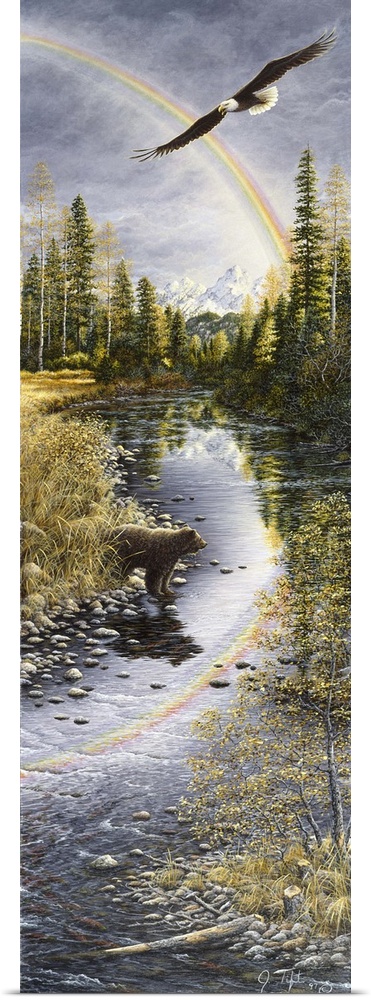 a vertical image of a bear crossing a stream with an eagle flying above through a rainbow