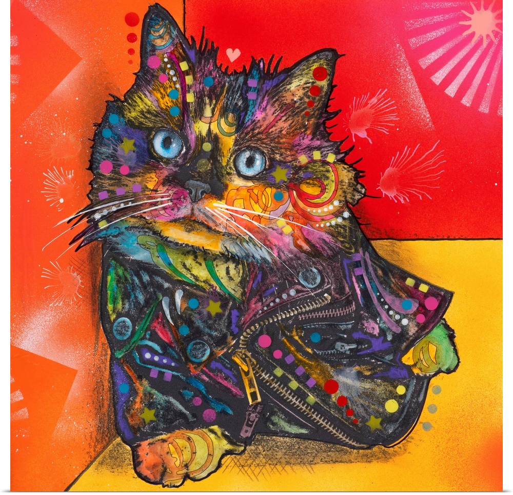 Colorful square illustration of a cat covered in graffiti-like designs and wearing a leather jacket with zippers on an ora...