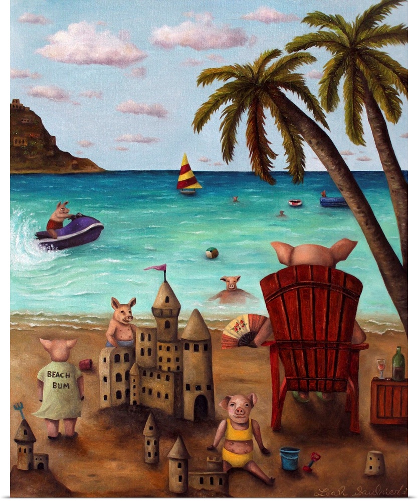Surrealist painting of a family of pigs on a beach enjoying the sun.