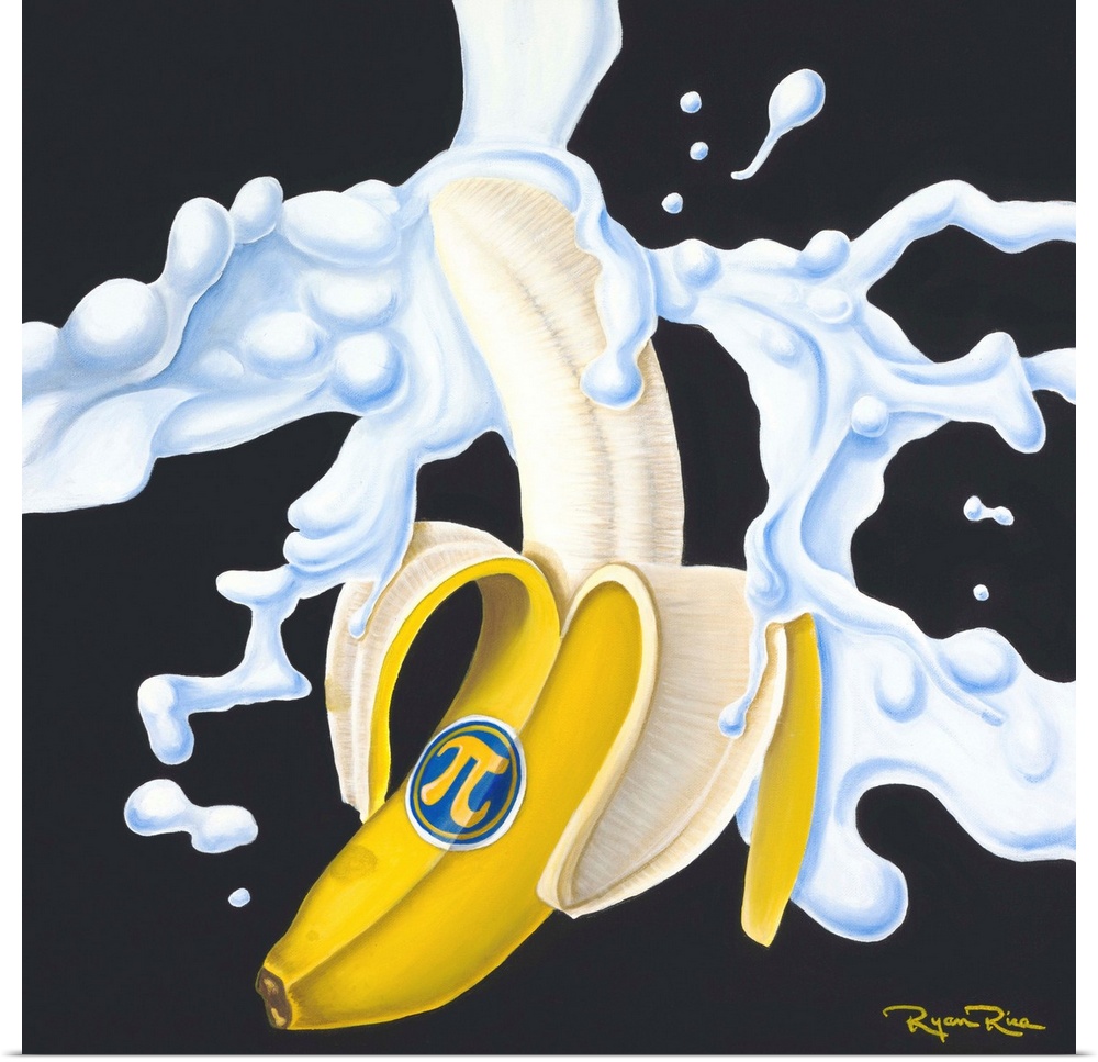 Square pun painting of a banana being splashed with cream and a sticker that has the pi symbol on it (banana cream pi - ba...