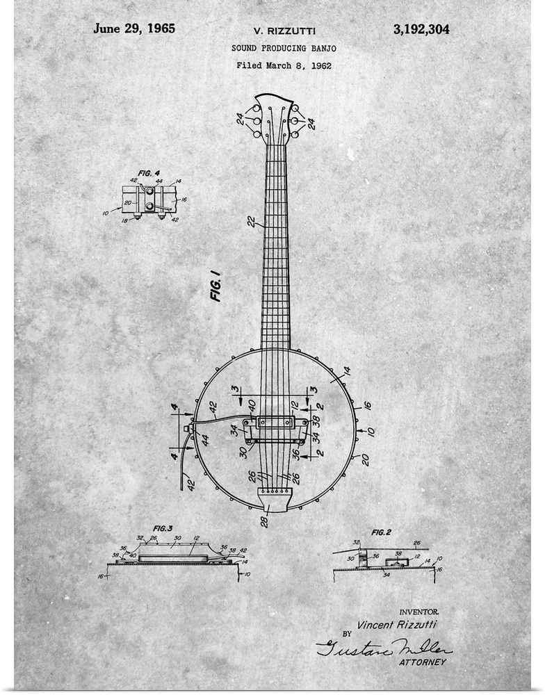 Blueprint diagram showing the parts that make up a banjo.