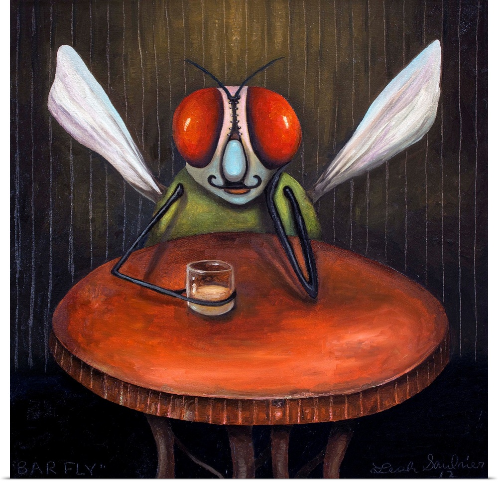 Surrealist painting of a barfly with bright red eyes.