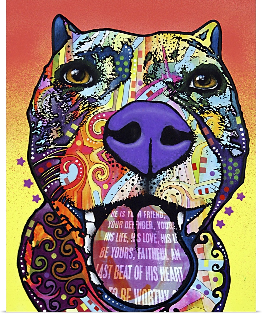 Contemporary artwork of a dog's outline filled with several multicolored patterns with the text "He is your friend, your d...