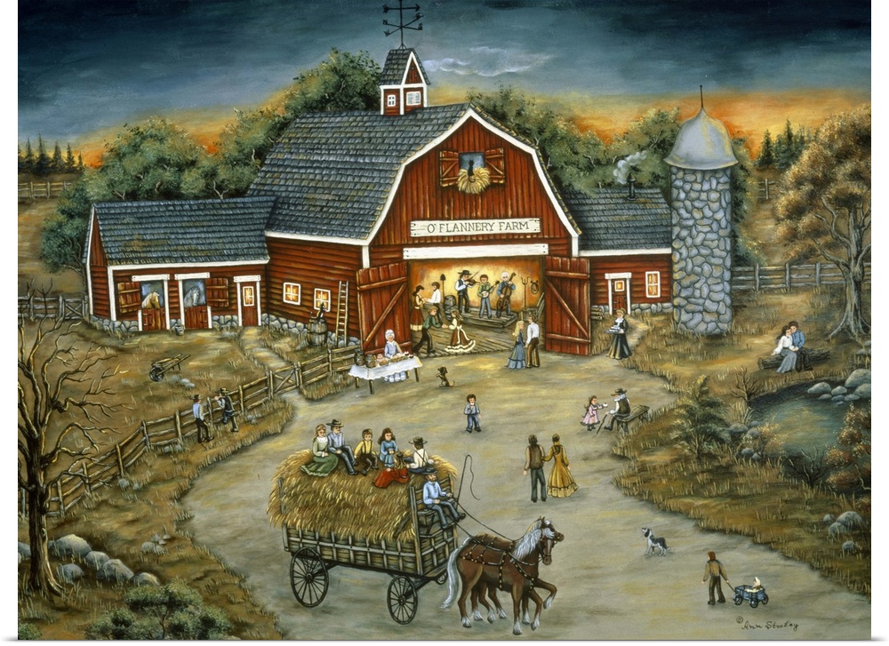 Contemporary Americana painting of an idyllic barn scene.